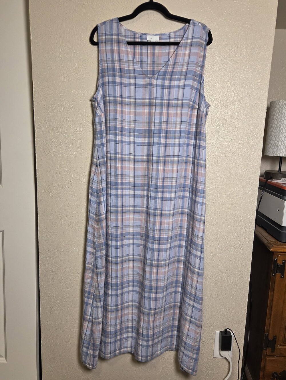 J. Jill Love Linen Women's XL Plaid Sun Summer Maxi Dress Sleeveless Blue Pink - Picture 2 of 7